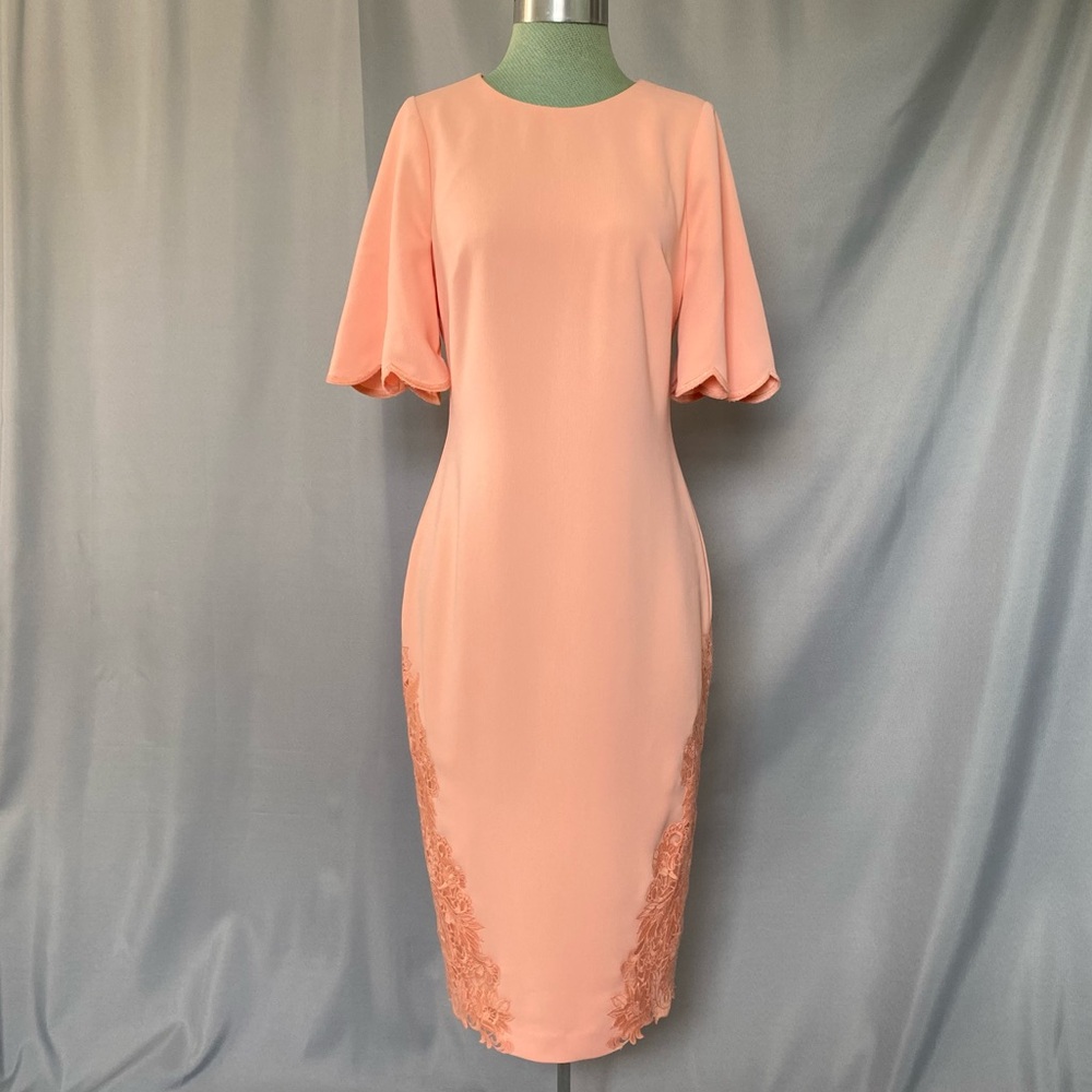 NWT Badgley Mischka Lace Trim Sheath, with Flutter Sleeves